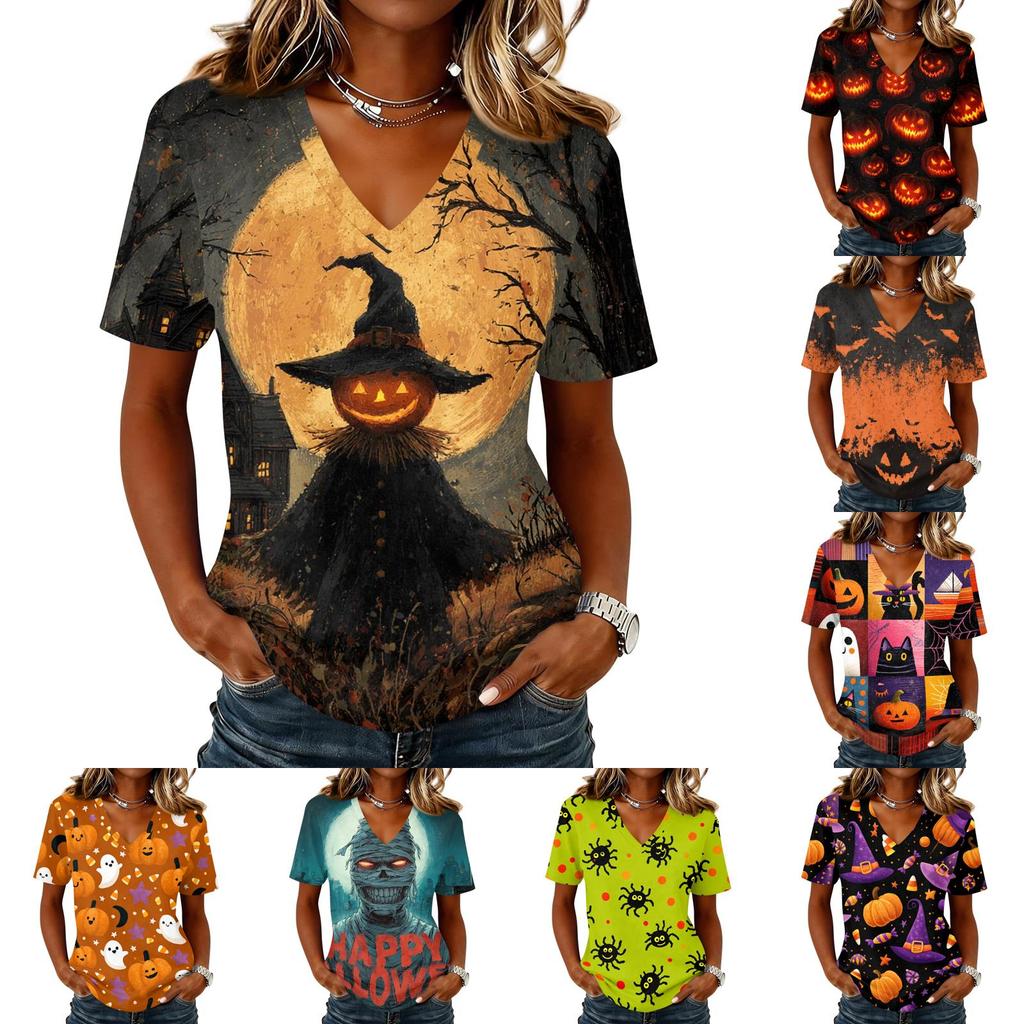 Women's Halloween Print V-Neck Short Sleeve Casual Pullover Top
