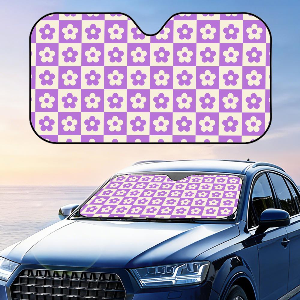 Checkered Flower Pattern Sun Visor Foldable Car Windshield Sun Shade UV Protection Reflective Heat Insulation Reusable Cover