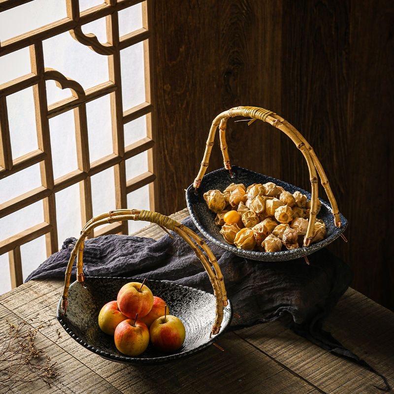 Japanese Ceramic Sushi Plate with Bamboo Handle – Creative Hanging Fruit & Dessert Tray