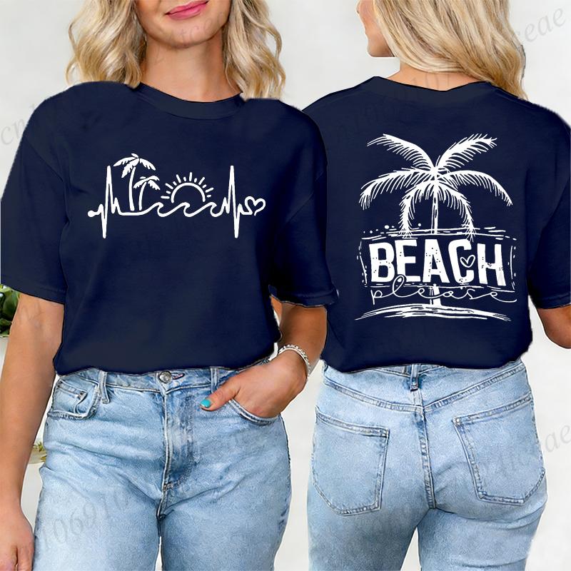Summer Beach The Beach Is My Happy Place Graphic T Shirts Women Casual Short Sleeve O Neck Loose Fit Ladies Vacation Tee Tops