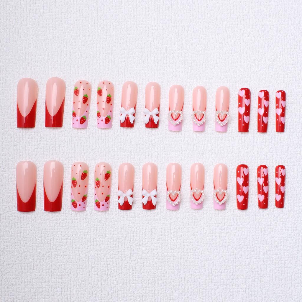 Pink Heart Strawberry Design Press On Nails 24Pcs French Style Lightweight Comfortable Wear For Woman
