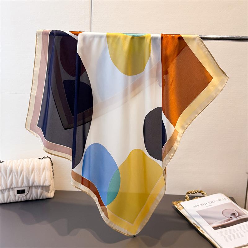 Colorful Round Block Printing Simulation Silk Scarf Square Scarf High-End Shawl Versatile Neck Small Square Scarf Headscarf
