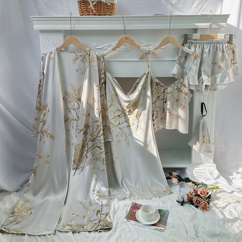 Women'S Long Bathrobe Set Silk Spring Autumn Floral Print Ladies Dressing Gown 4 Pieces Set Nightdress Summer Satin Pajama