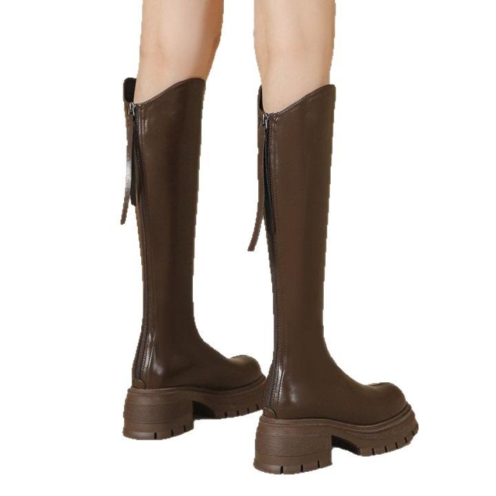 V-mouth boots women's 2025 autumn new brown small man heightened thick-soled high tube but knee knight boots