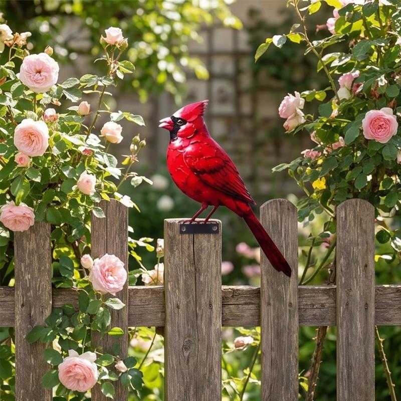 Outdoor Fence Bird Set Iron 5 Piece, Red Bird Figurines for Garden Railings, Flower Rows, Fence Lines and Yard Edges
