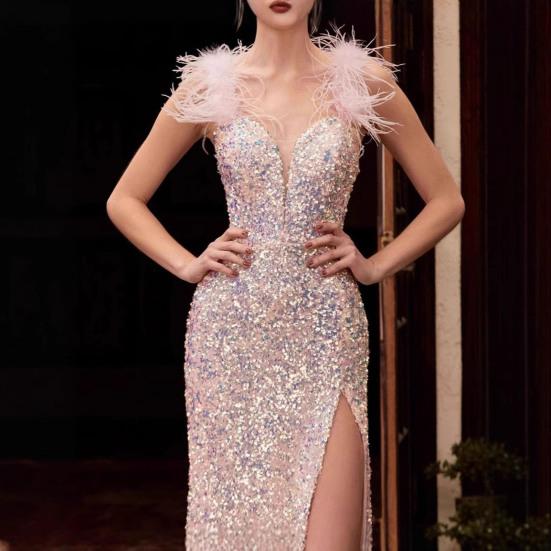 Women's Sexy Sequin Feather Prom Dress Sleeveless High Slit Deep V Neck Formal Evening Gown Sparkly Masquerade Ball Maxi Dress