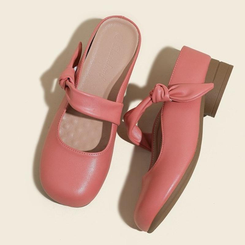 Cowhide version inner heightening bag head half slippers women's summer new wear thick heel with round head Mary Jane