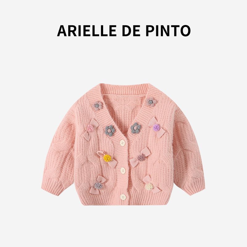 French Arielle De Pinto Girls  Floral Sweater Cardigan, Sweet and Cute Winter Knitwear for Girls, Trendy Pink 90