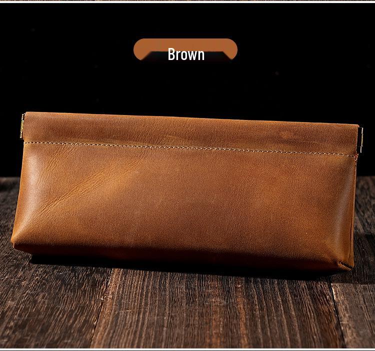 Spring-Loaded Crazy Horse Cowhide Pencil Case & Coin Purse - Multi-Functional Stationery Bag