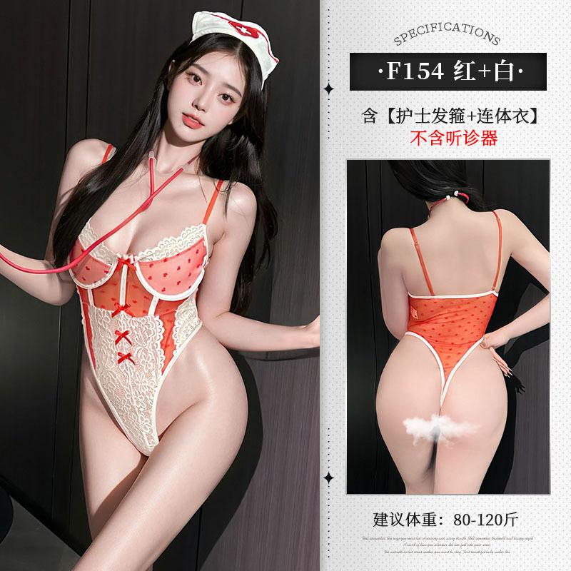 Sexy lingerie one-piece sexy nurse suspender perspective hollowed out red and white lace uniform seduction