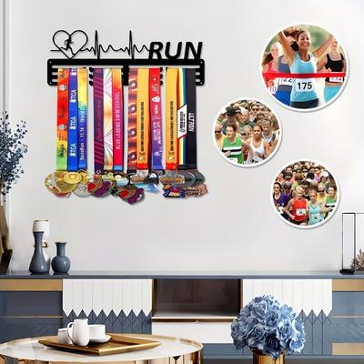 2D Flat Black Metal Medal Display Stand Hanging Storage Rack for Running Sports Medals, Home Office Wall Decoration, Gift for Athletes Fans