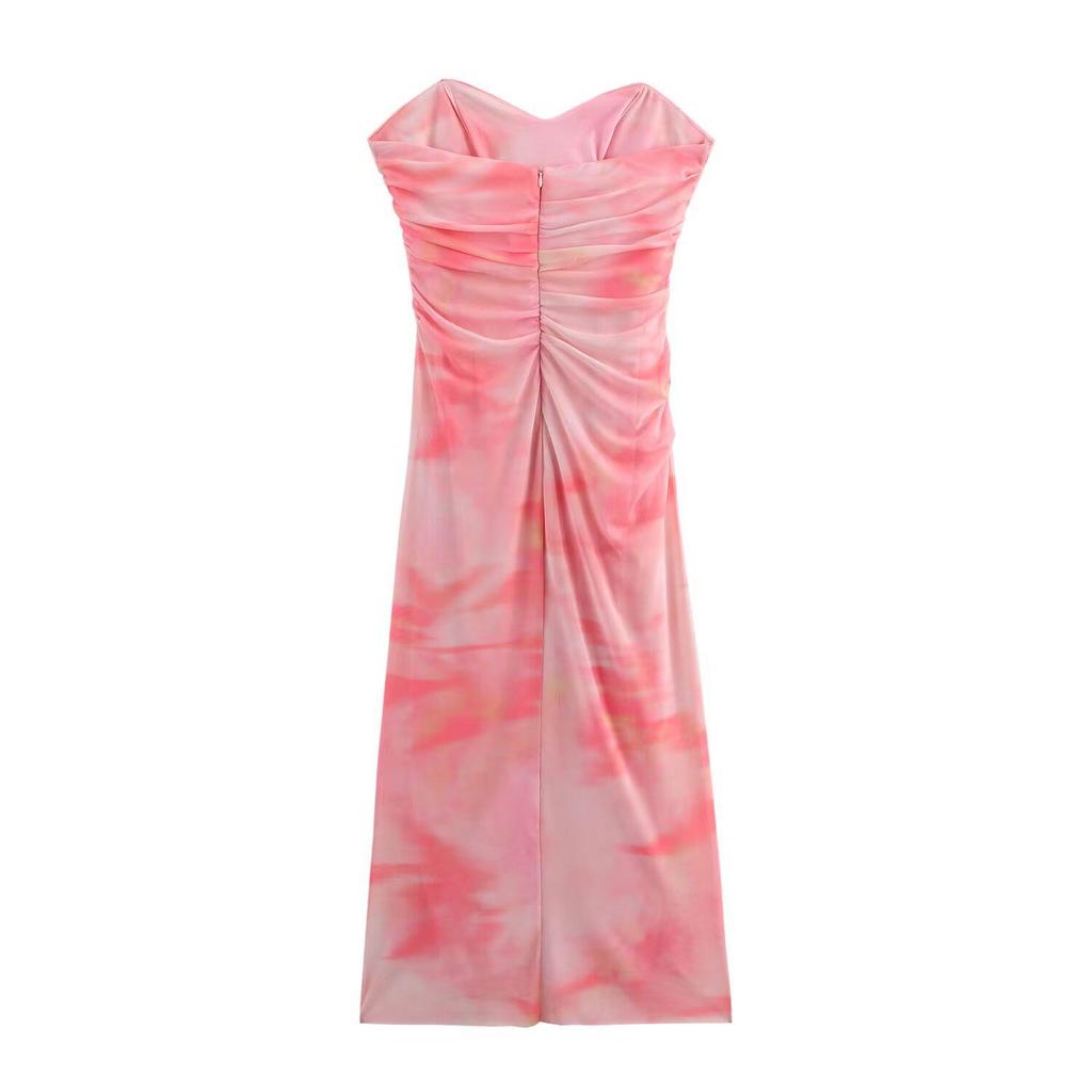 Spring 2025 Women's European & American Style Off-Shoulder Silk Mesh Dress with Print