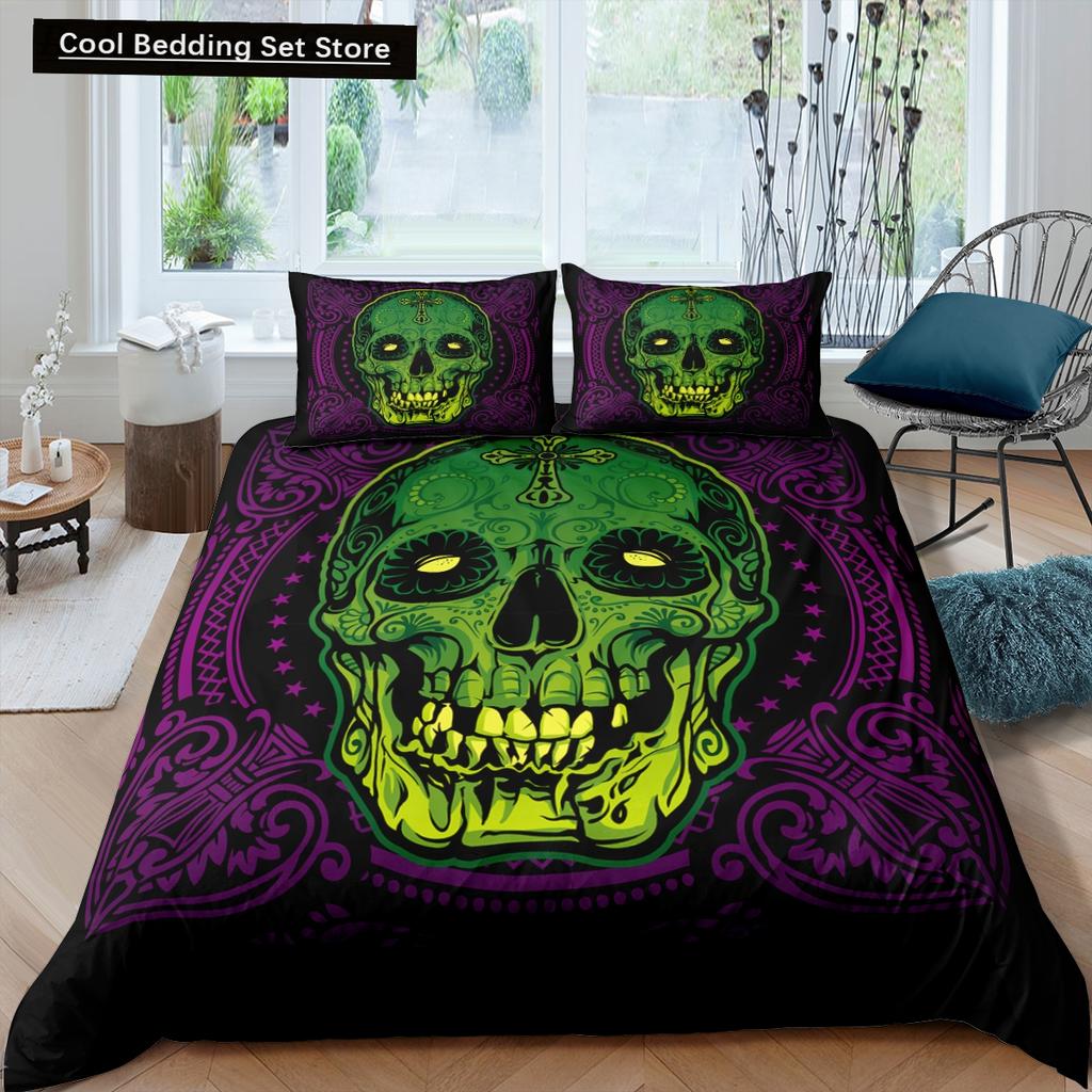 Skeleton King Queen Duvet Cover Skull Bedding Set for Kids Teens Adults Halloween Bedroom Decor Soft Comforter Cover Pillowcases