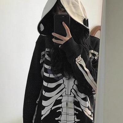 Unisex Streetwear Hooded Zip-Up Sweatshirt With Skull Print Loose Fit Long Sleeve Pullover