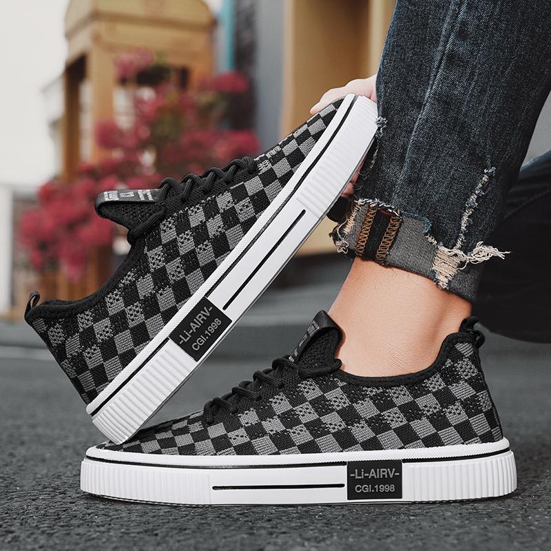 Spring New Men's Fashion All-match Breathable Flying Mesh Surface Sports Casual Plaid Board Shoes Anti-slip Wear
