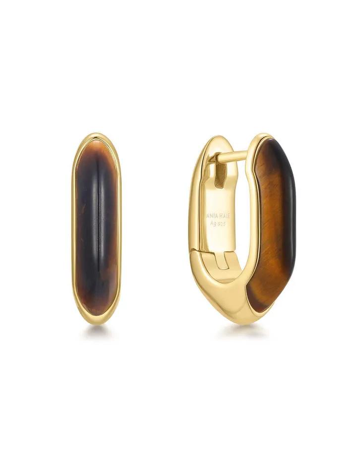Gold Tiger Eye Hunger Hoop 925 Silver Earrings E068-01G-TE.