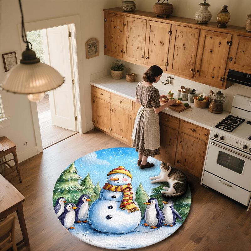 Snowy Day Penguin,Round Area Rug,Carpet Rug for Living Room Bedroom Sofa Playroom Decor,Non-slip Floor Mat