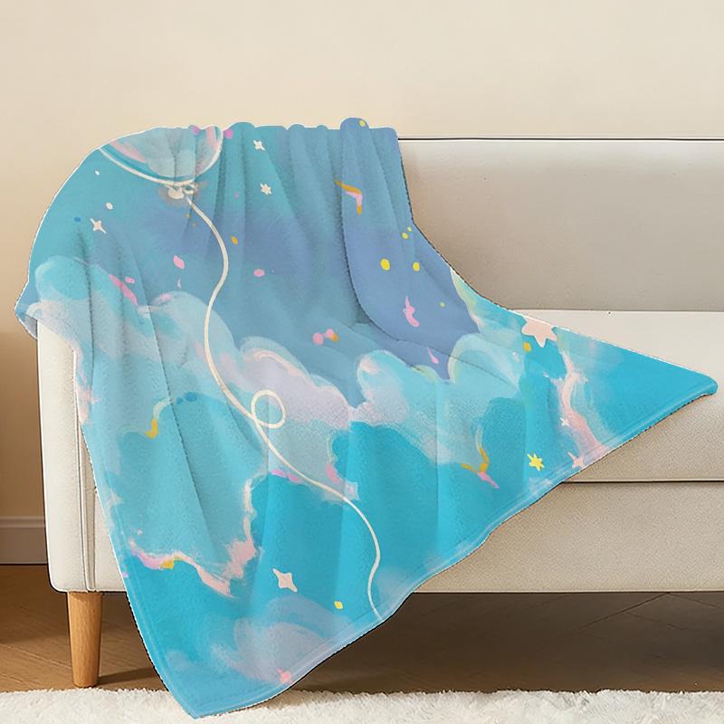 Hemmed Flannel Blanket Cartoon Ghost Series, Soft Flannel with Starry Sky Clouds, Cozy for Home & Couch Napping, Ideal Christmas & Halloween Decor