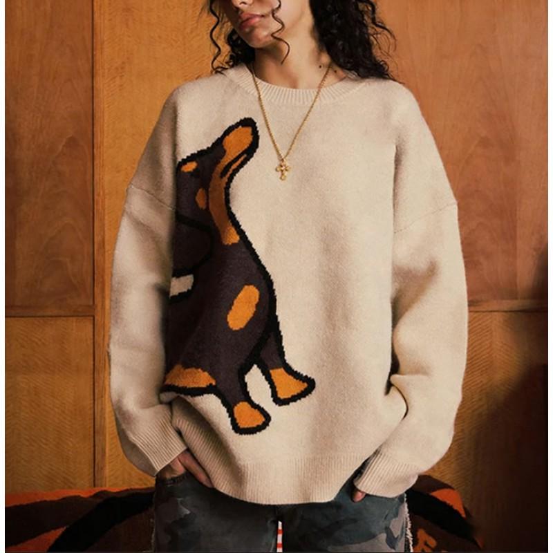 Knitted Sweater With Cartoon Dog Jacquard Unisex Loose Fit Crew Neck Pullover Fall 2027