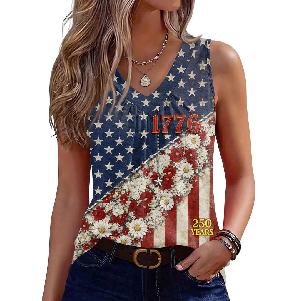 Womens Sleeveless V Neck Tank Top with America Print 1776 2026 Flag Graphic Casual Loose Fit Summer Shirt