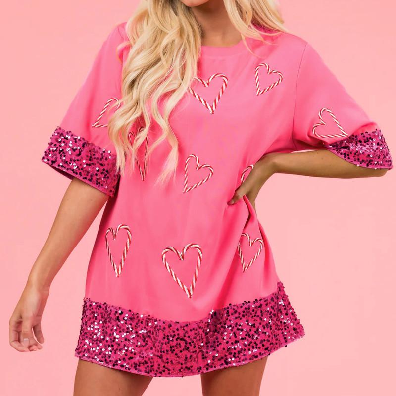 Женская модная повседневная короткая футболка с принтом «Любовь» и блестками — фото 7
