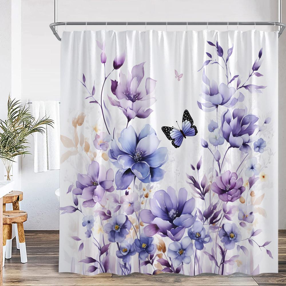 Butterfly Floral Shower Curtain Boho Flower Poppy Purple Blossom 3D Flowers Elegant Modern Bathroom Decor Polyester Bath Curtain