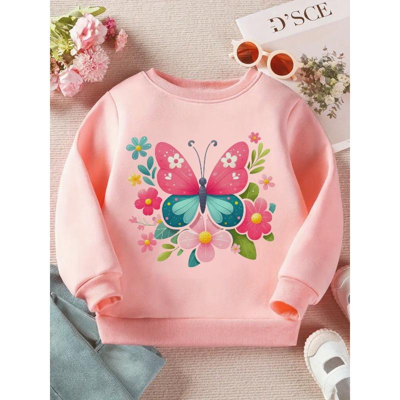 Kids Sweatshirt Butterfly with Flowers Illustration Print Long Sleeve Crewneck Sweatshirt - Soft Casual Pullover Top , Fall Winter Clothing