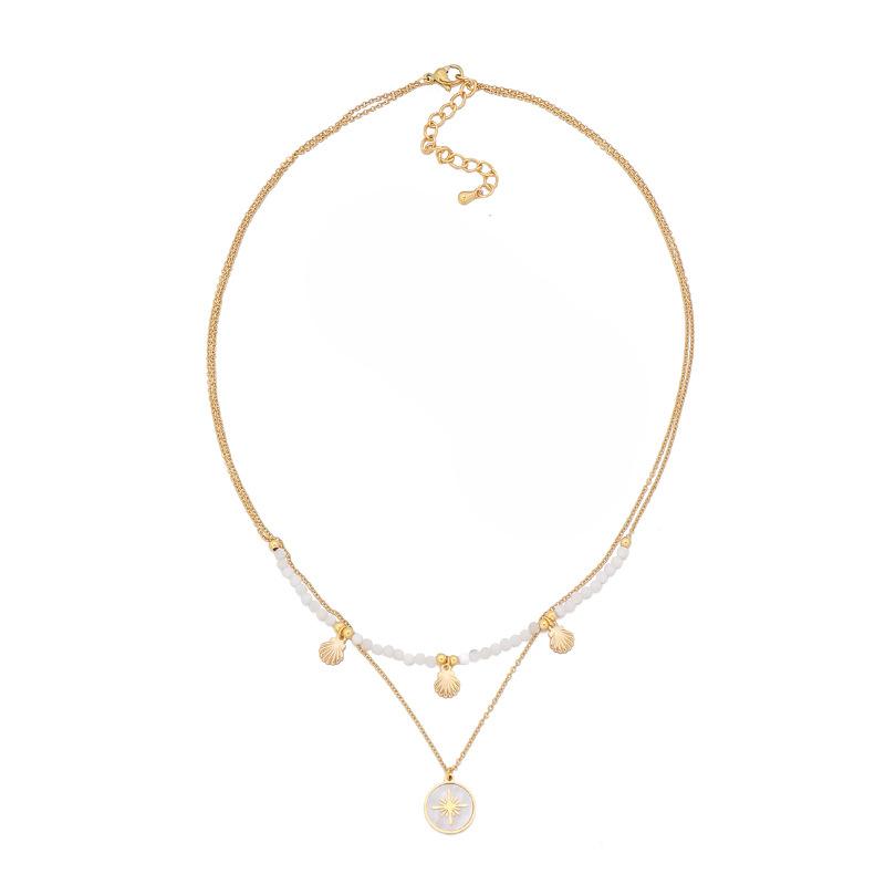 GEMCHIC Women s Layered Shell Pendant Necklace, Gold Plated Brass Beaded Choker with Sunburst Locket