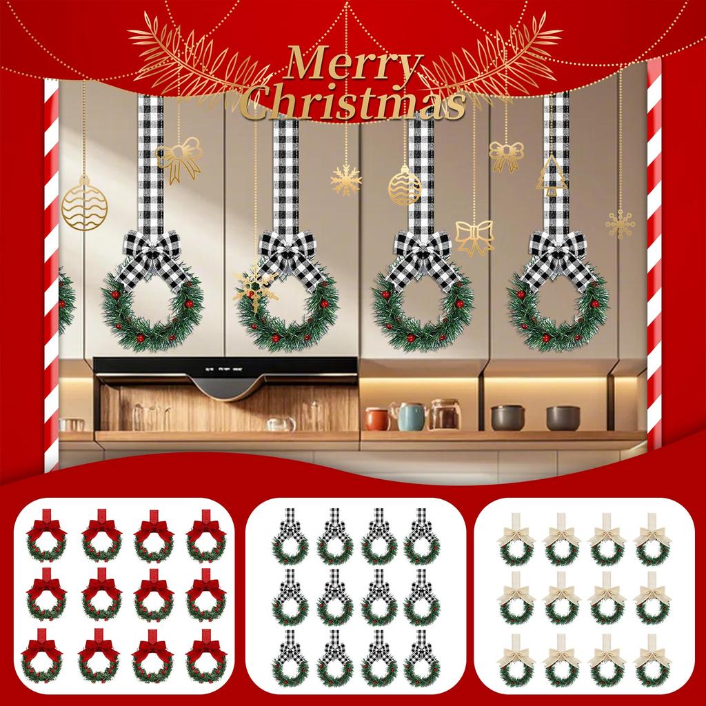 Christmas Kitchen Cabinet Wreaths With Plaid Bow Ribbon Hanging Cabinet Doors Wreaths Decorative For Kitchen Window Outdoor Indoor Holiday Decor