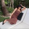 Simple solid color square neck suspender dress European and American summer new slim cotton and linen long dress
