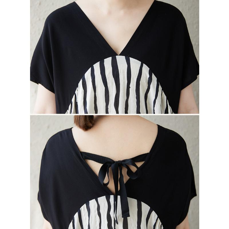 DIMANAF New 2025 Plus Size Summer Dress Loose Women V-Neck Vintage Stripe Casual Short Sleeve Dress Maxi