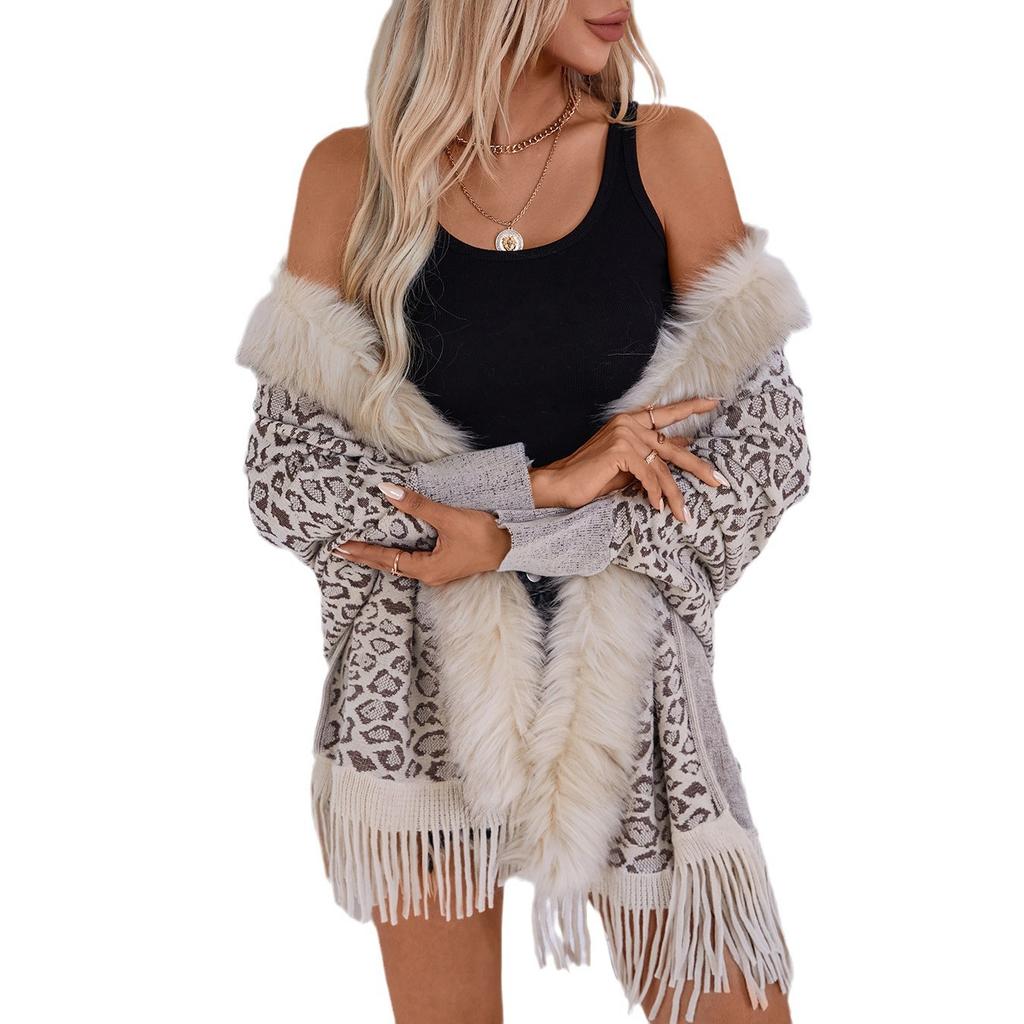 Women's Autumn and Winter Large Size Leopard Print Fur Collar Knitted Cardigan Loose Bat Sleeve Cape Sweater Top Women 6 Colors
