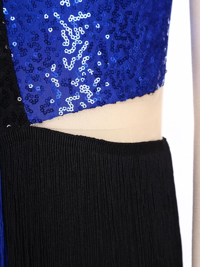 Lateinischer Tanz Wettbewerbskostüm für Mädchen: Colorblock Pailletten Quasten Jumpsuit, Neckholder Ärmellos mit Cut-out Rücken für Bühnenauftritt