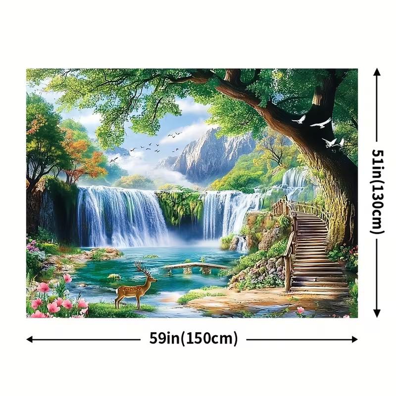 2D-Natur-Wandteppich mit Wasserfall, Hirschen und Seelandschaft als Hintergrundstoff für das Wohnzimmer