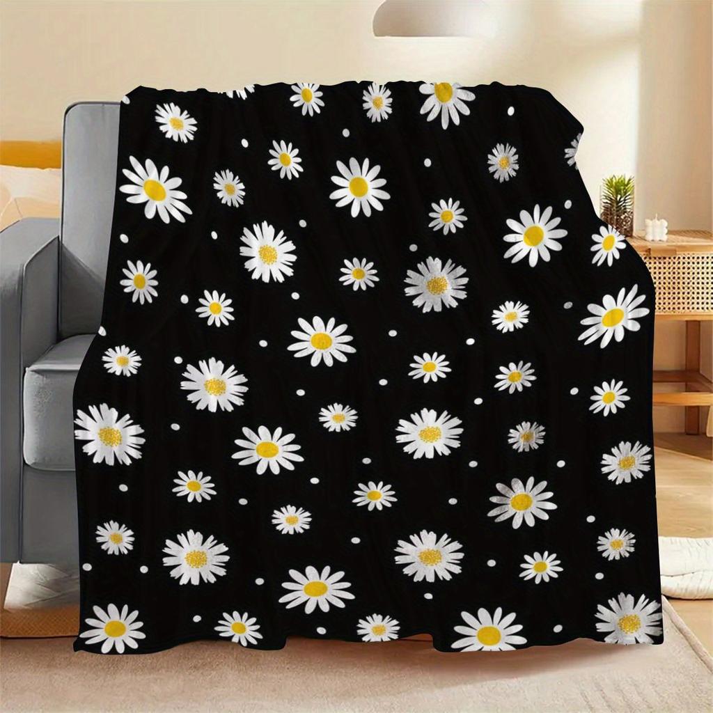 Black Daisy Print Blanket 2D Soft Cozy Flannel Throw Blanket For Bed Couch Sofa Camping Travel Warm Blanket For Home Decor Gift