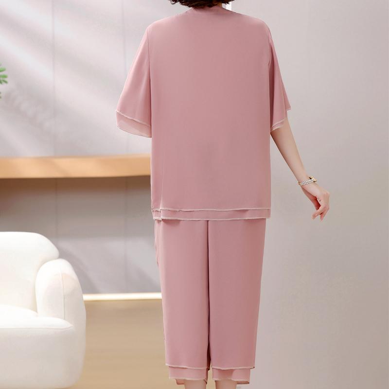 4XL-8XL Plus Size Chiffon Two Piece Sets Women Summer Elegant Summer Clothes for Woman Pants Sets Casual Oversize Blouses