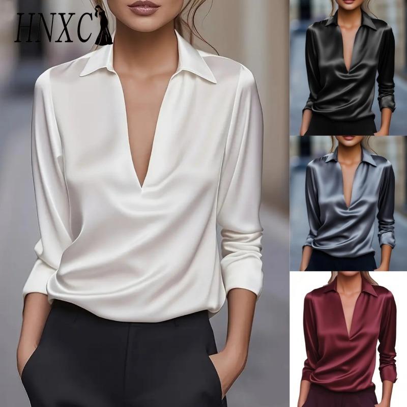 HNXC Women's Fashion Casual Solid Color Print Long Sleeve POLO Neck Blouses & Shirts