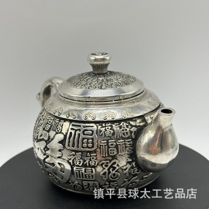 Antique Imitation Wholesale Collection Fu Character Hundred Blessings Silver-Plated Dragon Phoenix Teapot K