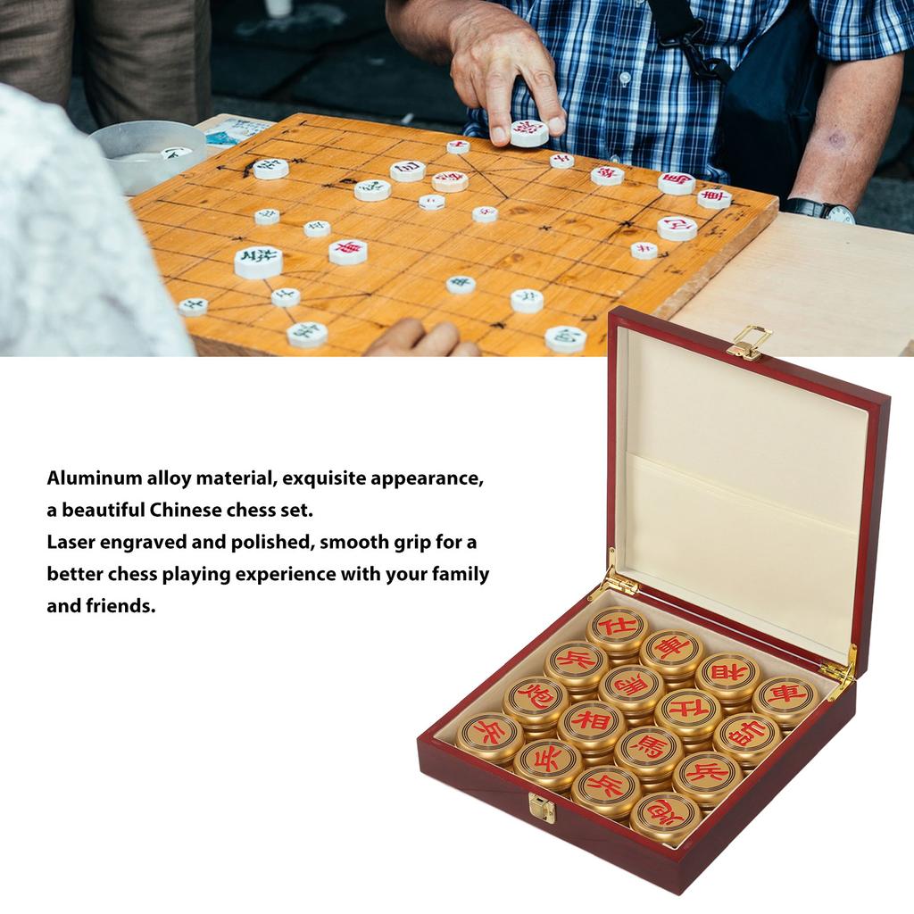 Chinese Chess Set Xiangqi Game Traditional Aluminium Golden Comfortable Touch with Storage Case Board Game for Collection