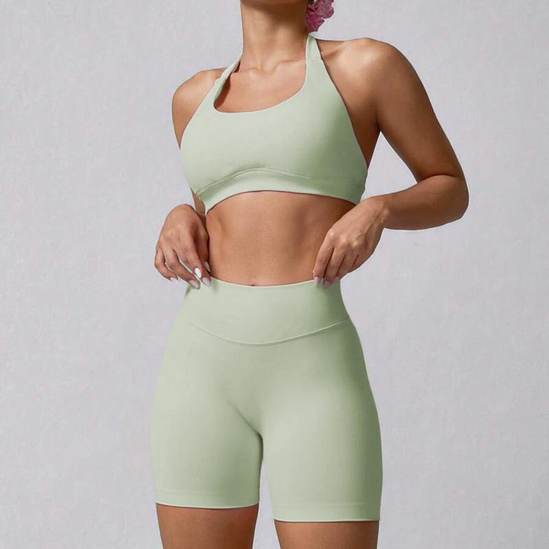 Summer neck high-end sports underwear yoga shorts set, a set of running fitness yoga clothes set for women