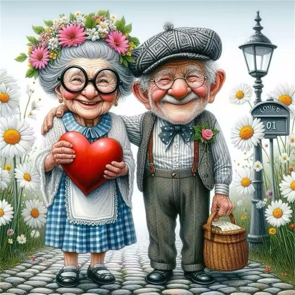 Cartoon Happy Old Couple 5D Full Round Diamond Painting Kits, Cute Grandma and Grandpa DIY Drills Mosaic Embroidery Cross-stitch