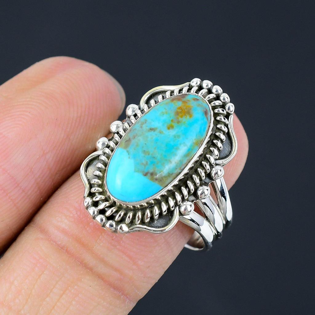 Natural Turquoise Gemstone 925 Sterling Silver Trio Shank Beaded Ring For Women & Girls