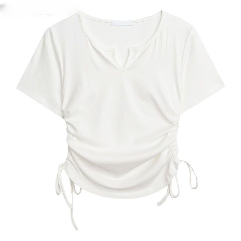 V-neck Solid Color Drawstring Pleated Waist Cinched Spicy Girl Shoulder T-shirt On Both Sides Tops