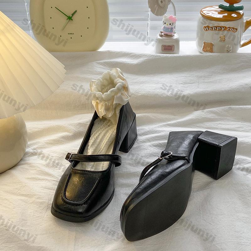 Fashion Women Vintage Square Head Mary Jane Shoes Spring Fashion Shallow Ladies British Style Elegant Square Heel Single Shoes Pumps