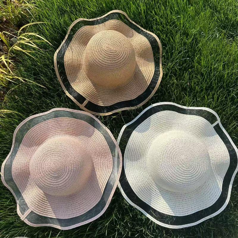 Mesh Wavy Edge Straw Hat Summer Travel Beach Sun Hat Breathable Sunshade Big Eaves Woven DIY Sunscreen Straw Hat