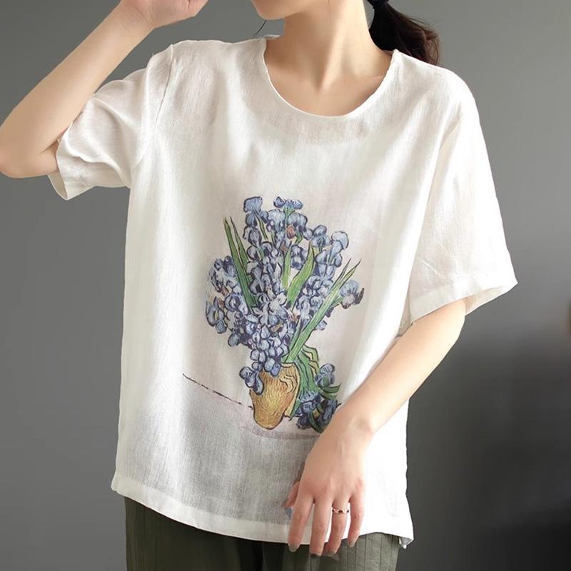 Tops Women Cotton Summer Large Size T-shirt Crew Neck Loose Printed Casual Pullover T-shirt Top