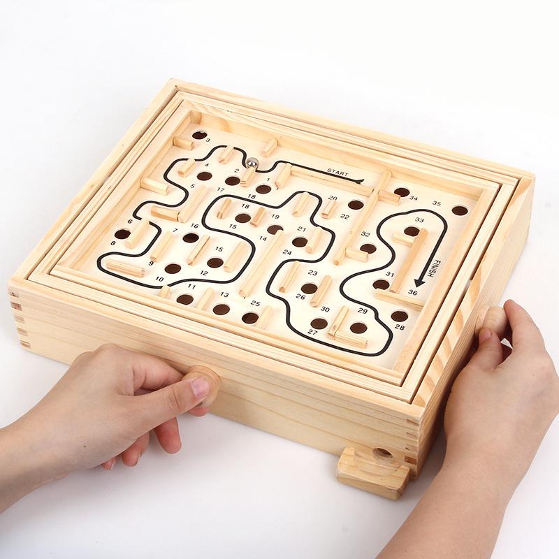 Wooden Hand-Crank Maze Game: Interactive Desktop Balance Puzzle for Kids & Adults