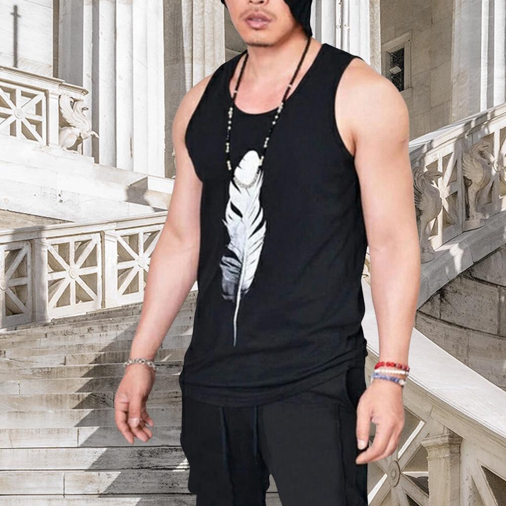 Men Summer Vest Round Neck Sleeveless Top Feather Print Racerback Vest Quick-Drying Wide Shoulder Straps Tank Tops