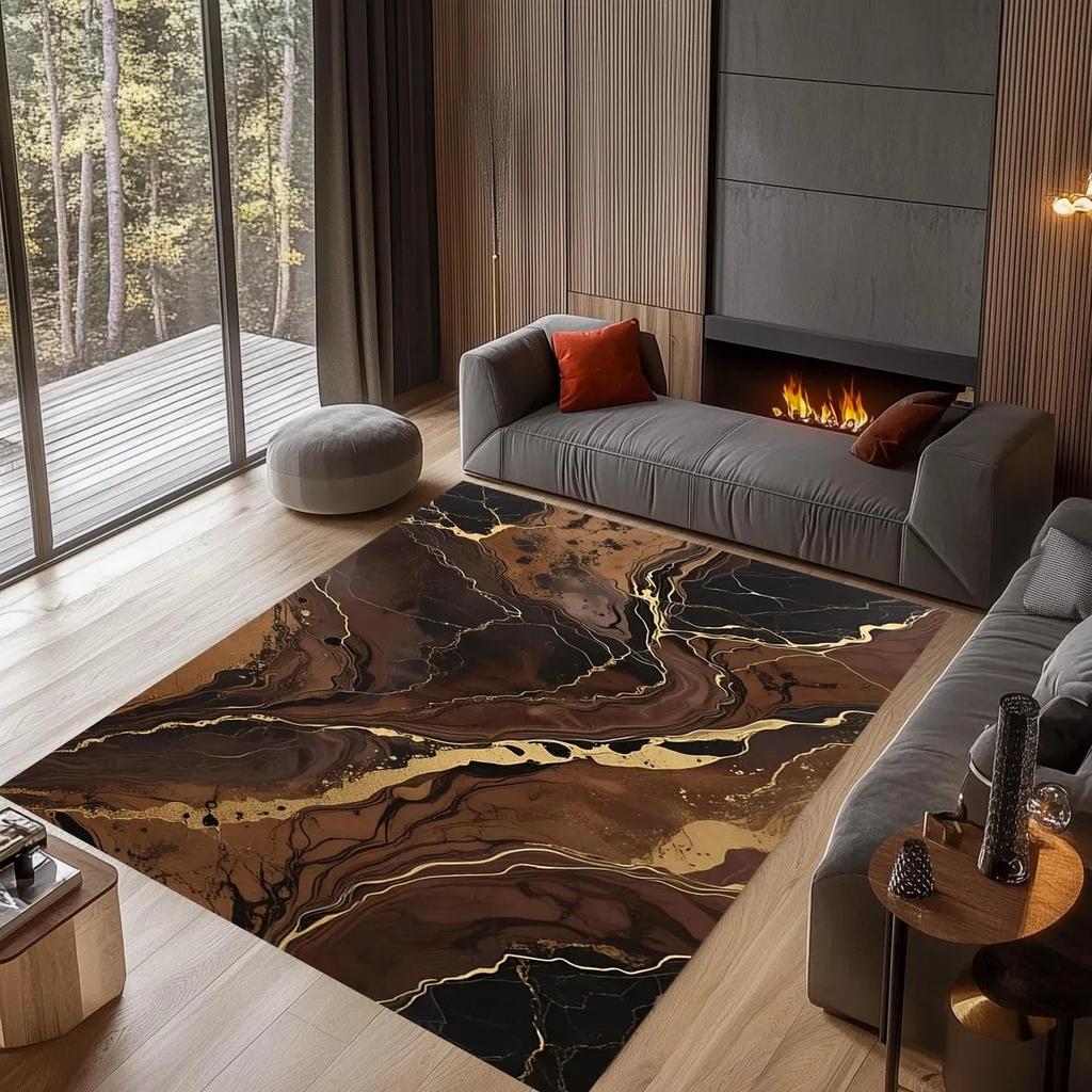 Black Gold Marble Area Rug – Greek Key Border Print Carpet  Soft Non-Slip Floor Mat for Living Room Bedroom Elegant Modern Decor