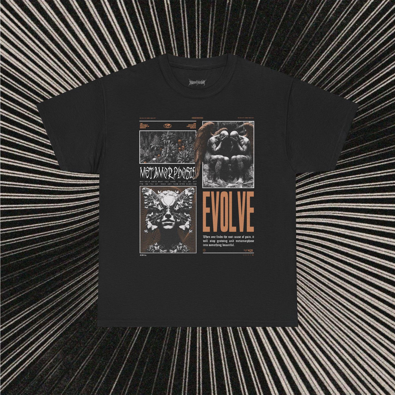Metamorphosis Graphic Tee: Brutalist Angels, Gothic Plants, Heavy Metal Style L
